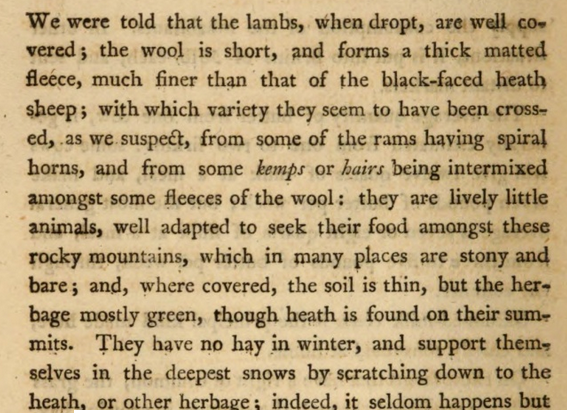 summary text: the wool is short and forms a thick matted fleece, much finer than the black-faced heath sheep, with which variety they seem to have been crossed, from some of the rams having spiral horns, and from some kemps or hairs being intermixed amongst some fleeces of the wool.