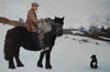 Fell pony with sheep on front of  saddle 