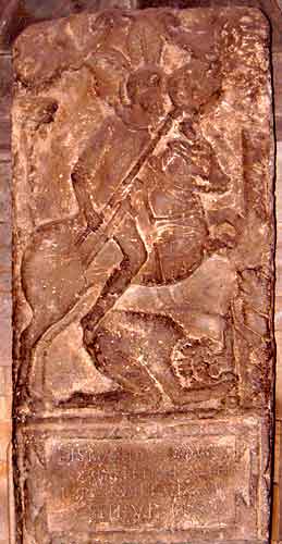 Flavinus' tombstone in Hexham Abbey showing mounted Roman standardbearer. Photo: S Millard